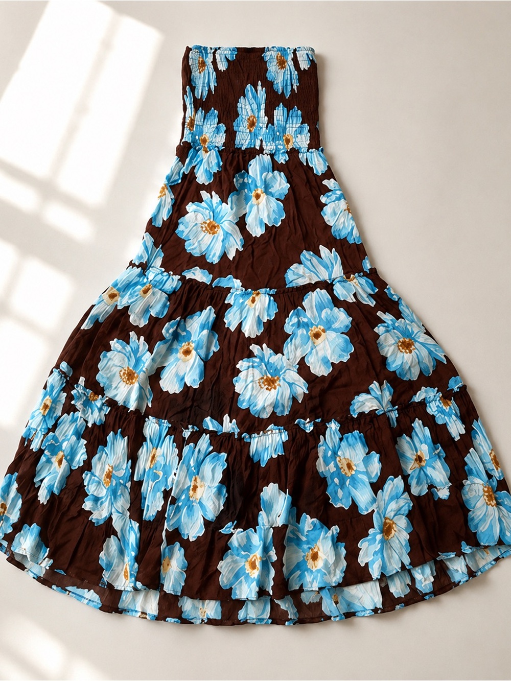 Floral Tiered Maxi Skirt - Brown with Blue Flowers
